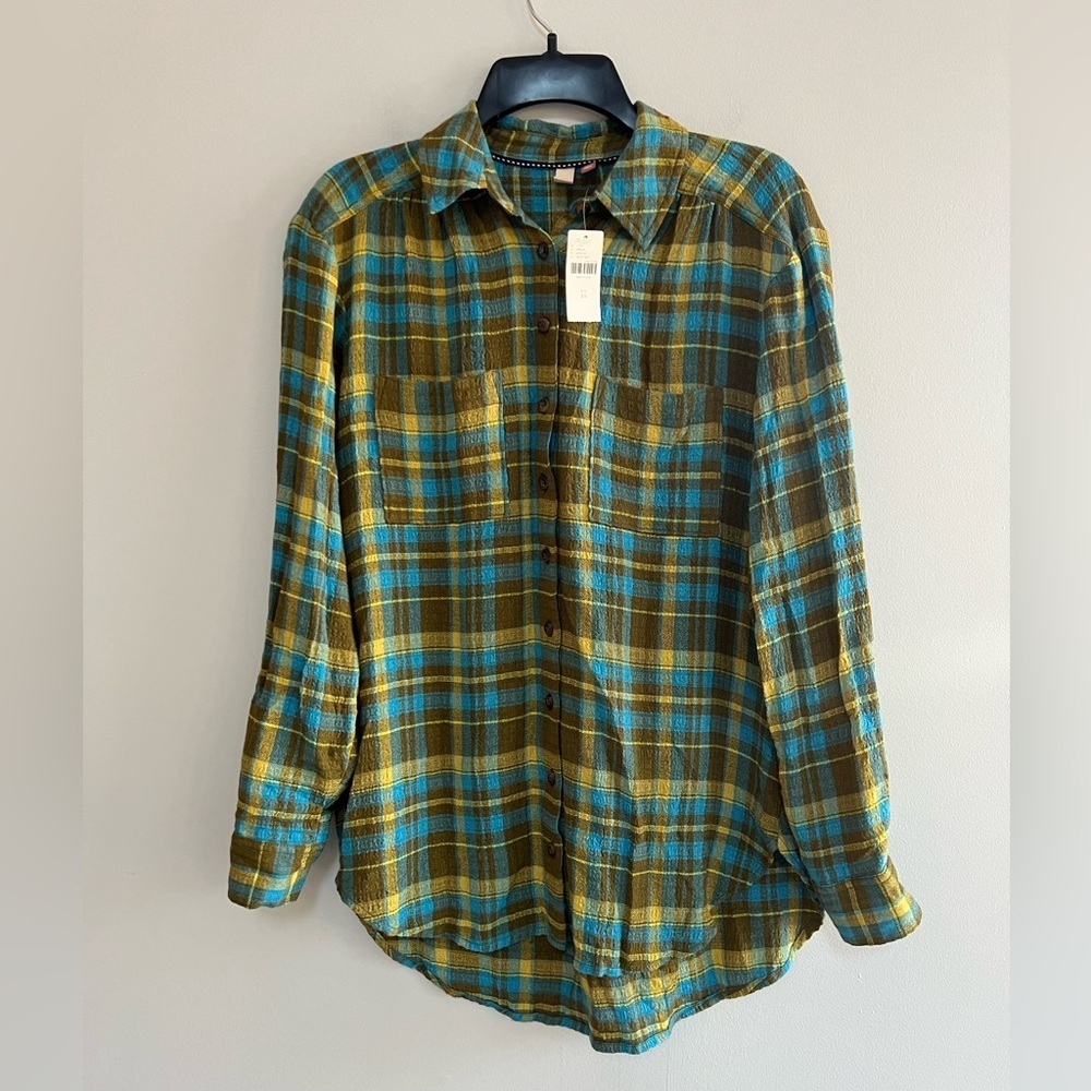 Pilcro Anthropologie The Hadley Relaxed Plaid Button Down Shirt, Brown/Blue, XS